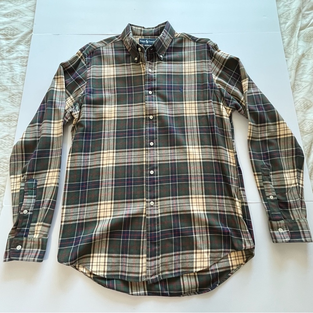 Ralph Lauren Custom Fit Long Sleeve Button Down Green Blue Plaid Shirt Size L